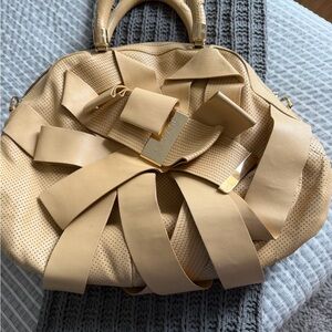 Versace Bow-Accent Beige Leather Tote with Gold Hardware